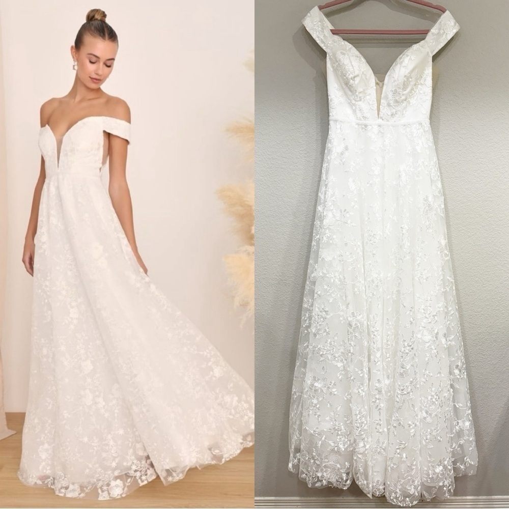 Sz S - NWT‎ Lulus Fairytale Love Story White Lace Off-the-Shoulder Maxi Dress
